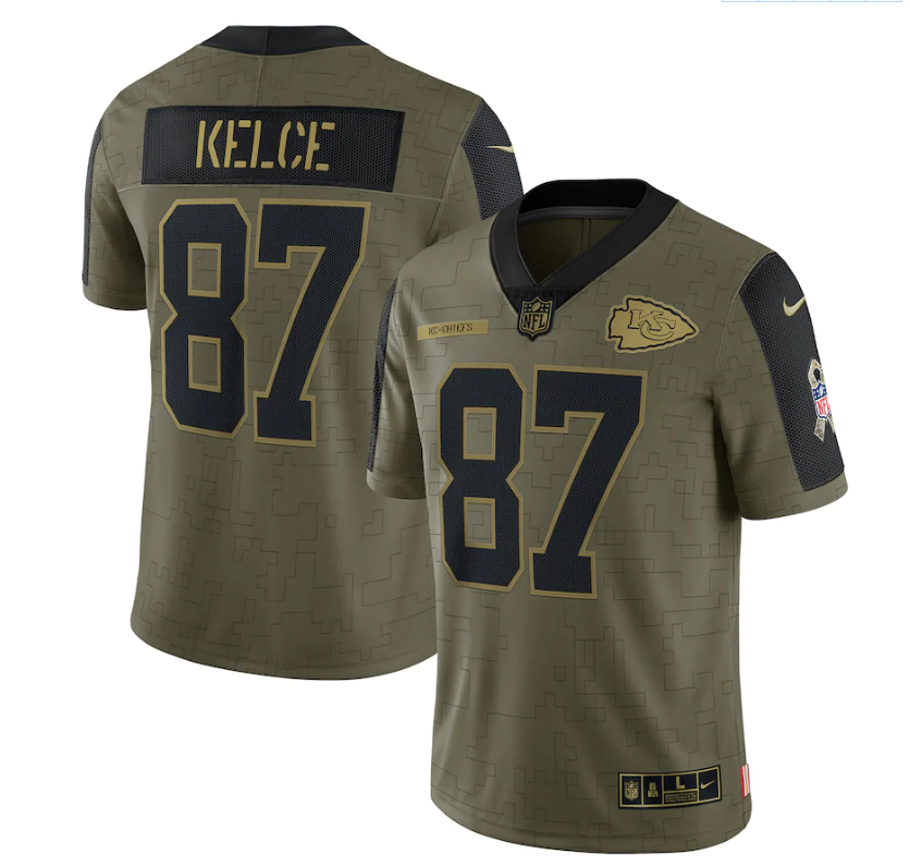 Men's Kansas City Chiefs #87 Travis Kelce 2021 Olive Salute To Service Limited Stitched